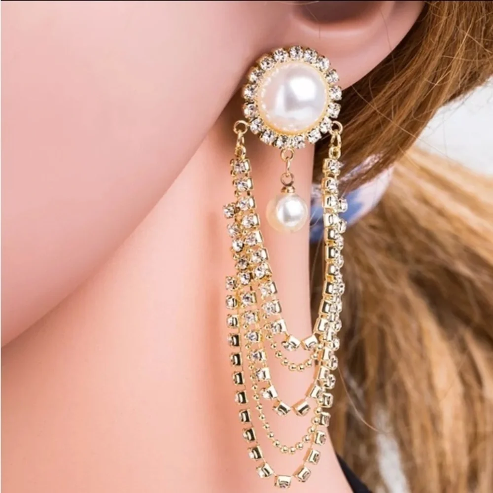 Elegant Crystal Pearl Dangle Earrings Vintage Style Luxury Gold Long‎ Drop new